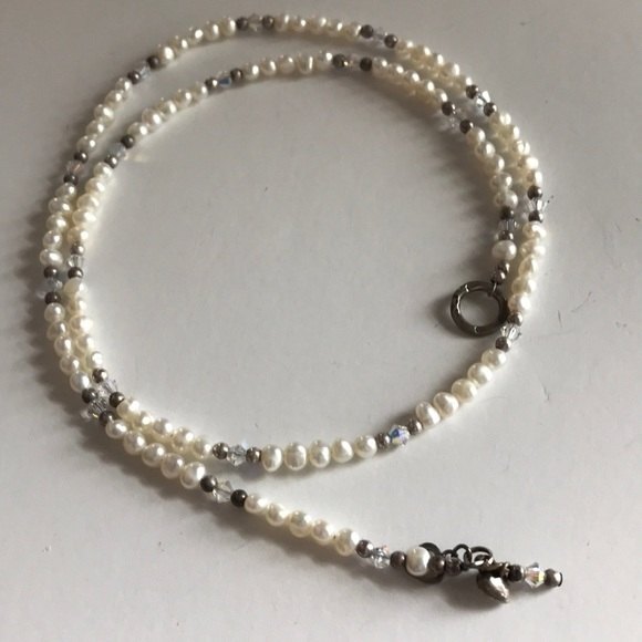 VTG Handmade Pearl Lariat Necklace Swarovski Crystal Sterling Silver Hearts 24 - Picture 6 of 8